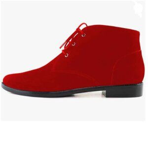 Red Low Heel Pointy Toe Lace Up Chukka Ankle Boots Fall Winter Casual Shoe